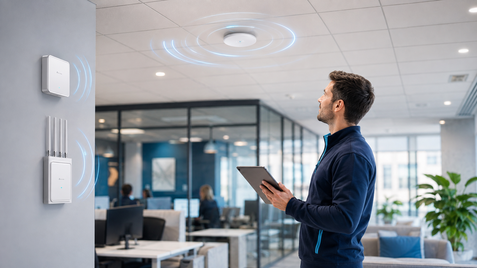 Engineer surveying business Wi-Fi coverage in a modern office