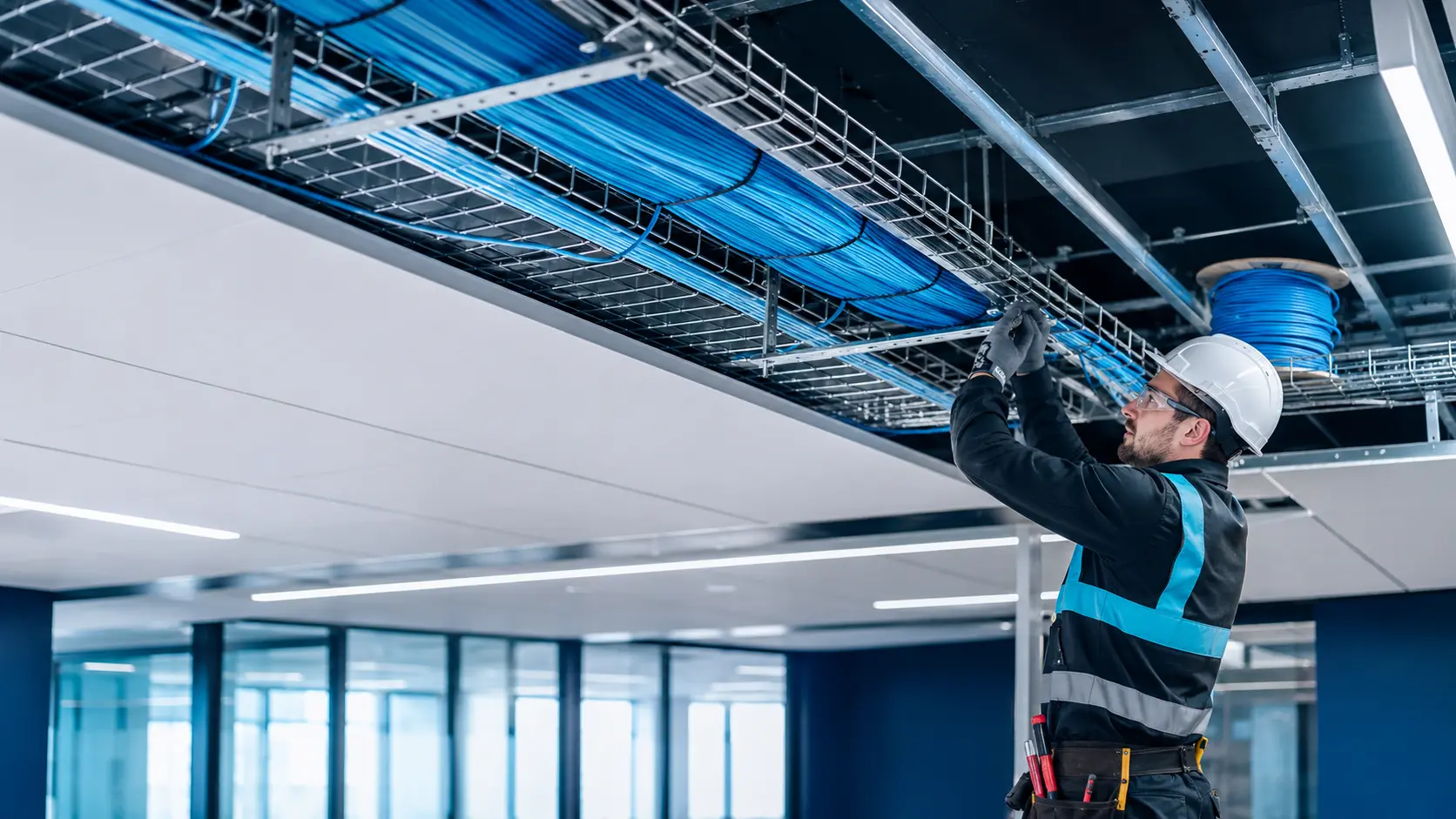 Engineer working on structured network cabling and communications equipment