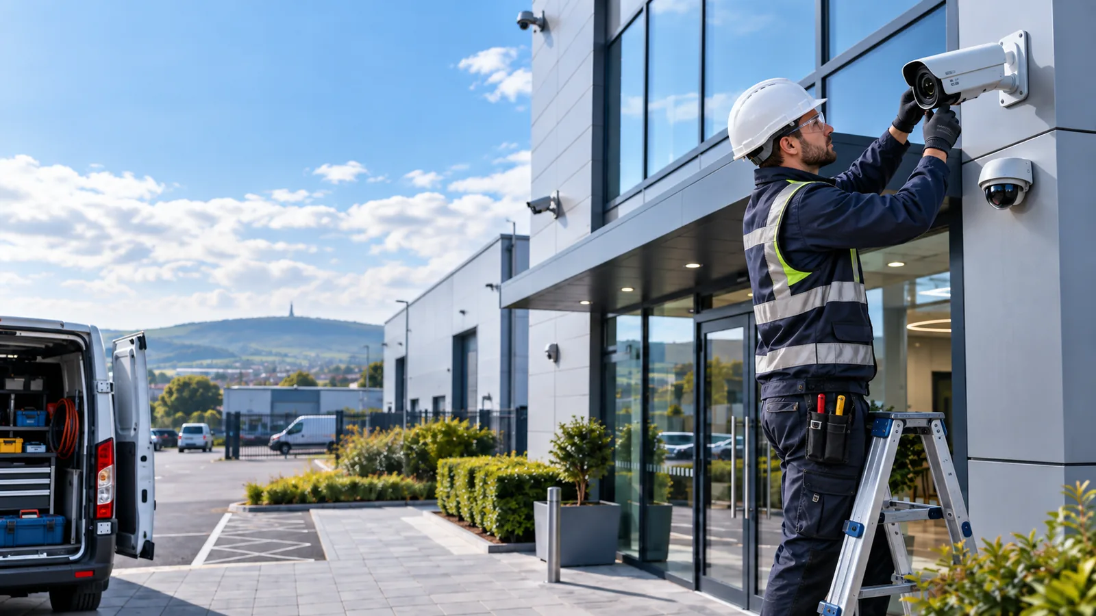 Engineer installing a commercial CCTV camera