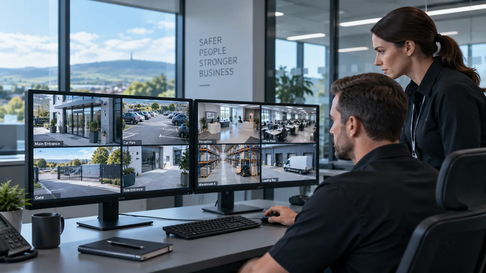 Business CCTV monitoring screens in a modern control room